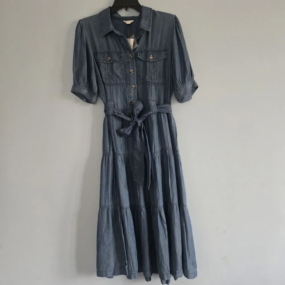 NWT Cato Midi Dress with Belt & Pockets Size M Tiered Skirt chambray-denim-look - Picture 1 of 10